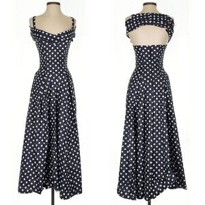 NWT Vintage 90s Laura Ashley Maxi Dress Navy Polka Dot Cottagecore Size 4